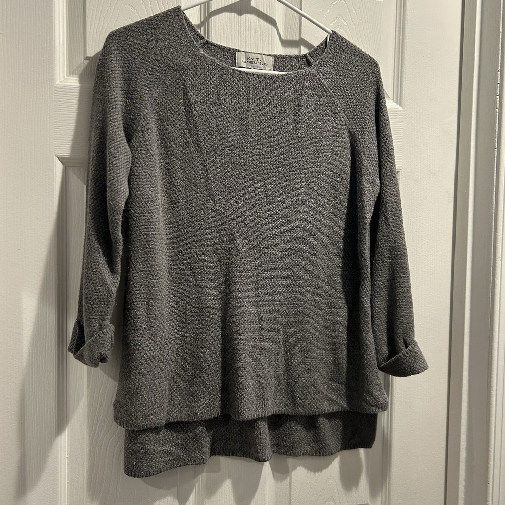 Knit by Hampshire Studio Womens Medium Grey Textured Cuffed Sleeve Pullover